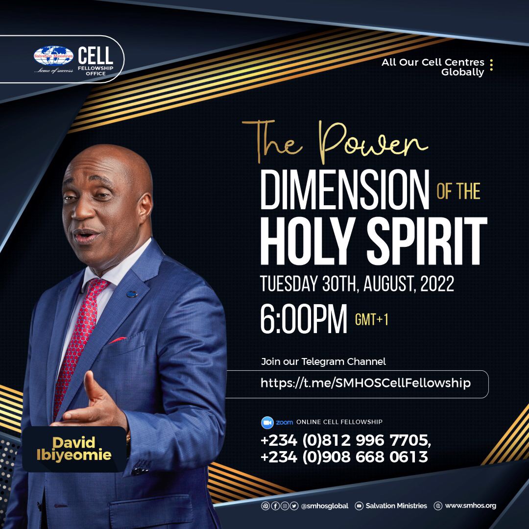 Join us this evening by 6 PM(GMT +1) in any of our homecell centres, for a wonderful time in God’s Presence. We cherish you.
#SalvationMinistries #DavidIbiyeomie