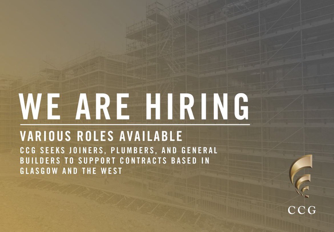 CCG_Scotland's tweet photo. CCG seeks #joiners, #plumbers & #generalbuilders to support contracts in #glasgow and the west | https://t.co/i2pu5KANnt
.
.
#hiringnow #jobvacancies #trades #tradespeople #onthetools #jobvacancy #jobvacancies https://t.co/Qp2hEvwJMw