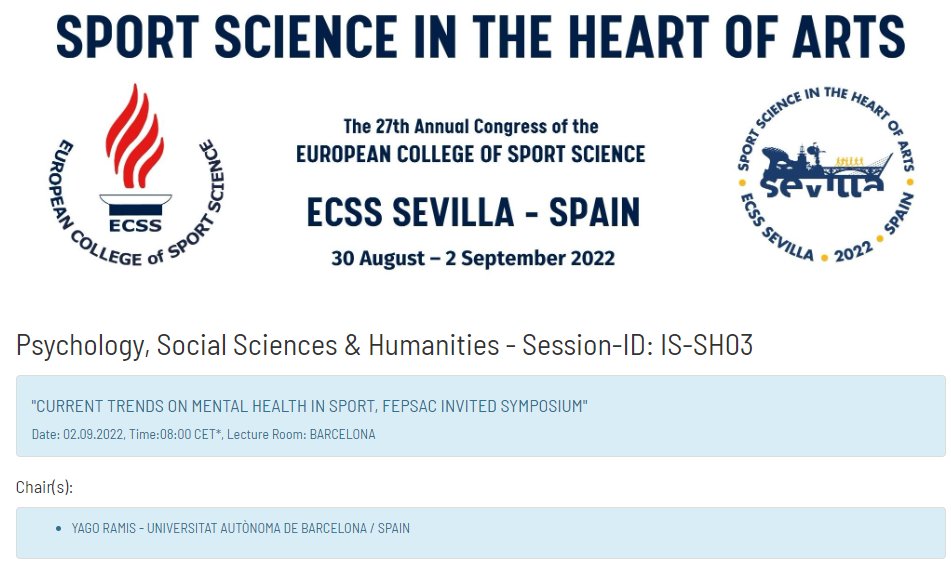 FEPSAC_MC's tweet photo. 👩���💼FEPSAC Invited Symposium at #ECSS2022:
On Friday 2nd,  come join us at @E_C_S_S in Sevilla for our timely @FEPSAC_MC invited symposium on "Current trends on mental health in sport" with communications from @Jolankeg, @Ro_ZamoraSole and @A_Papathomas.
🏃‍♀️ https://t.co/6K0ZX65f0r