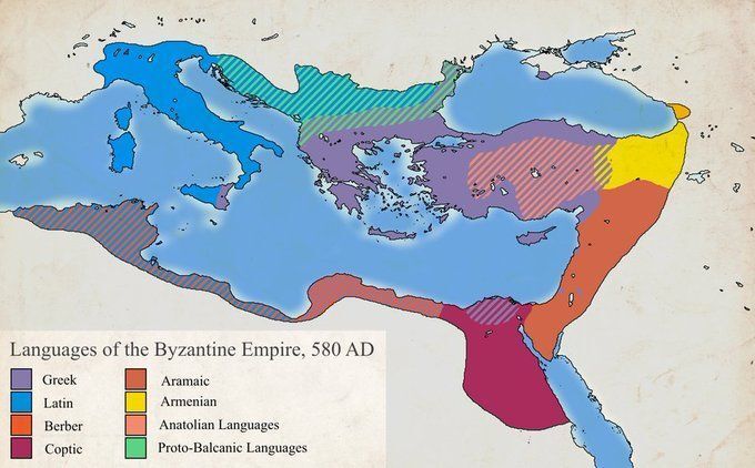 AddictMap's tweet photo. the languages of the Byzantine Empire around 580AD | Source: https://t.co/MPR7tMIMrq #maps #geography https://t.co/hUg3y4IbhU