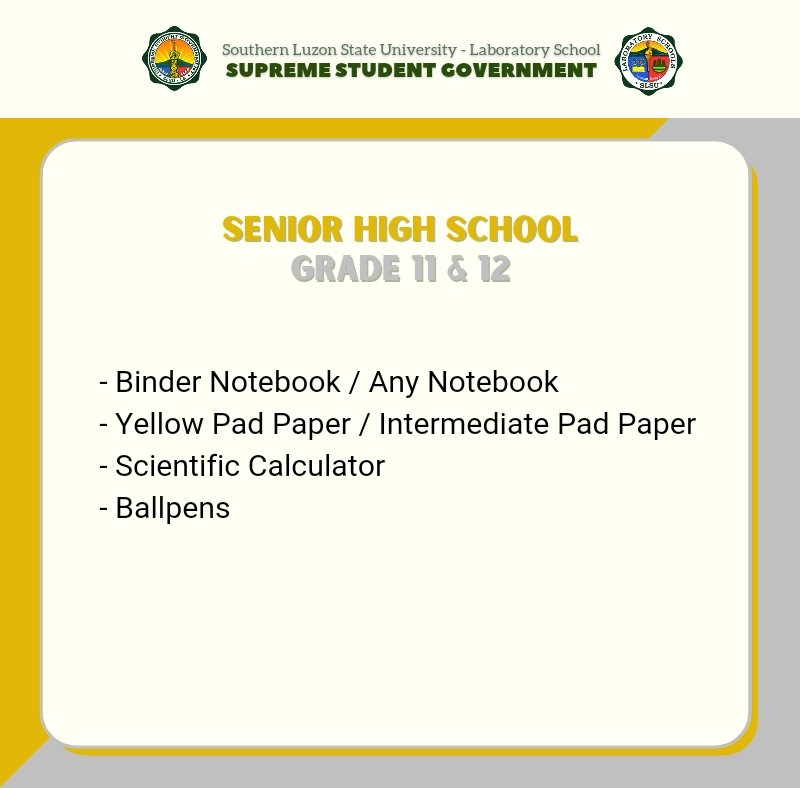 SLSU_LS_SSG's tweet photo. EYES HERE, Senior High School Students! 👀
For our SHS Students, here is the list of things you'll in this upcoming Academic Year 2022-2023. Prepare yourselves this year!💚
09.05.2022
#TheLabSchool⚖️ https://t.co/C1bsmvBmkr