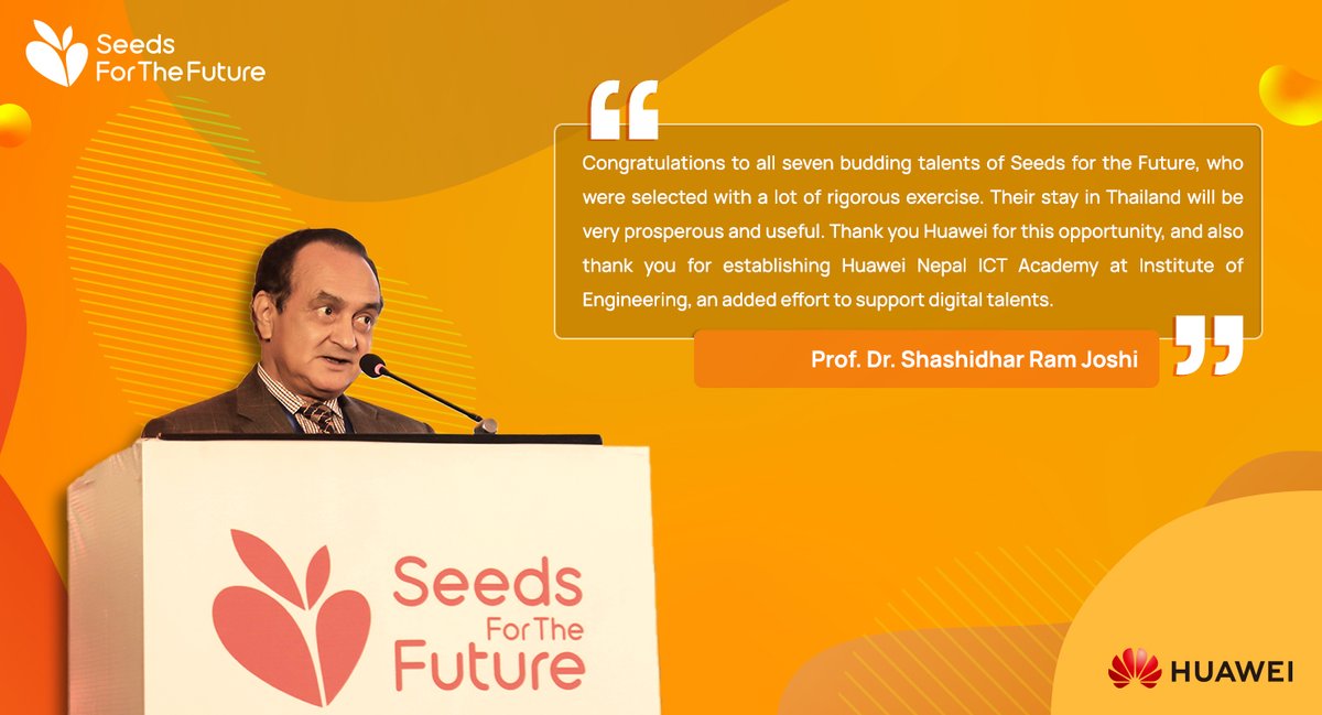 Huawei_Nepal's tweet photo. Prof. Dr. Shashidhar Ram Joshi, expresses his gratitude to Huawei on supporting young digital talents through programs like Huawei Seeds for Future.

#Huawei #HuaweiNepal #SeedsForTheFuture https://t.co/92D91lg1q5