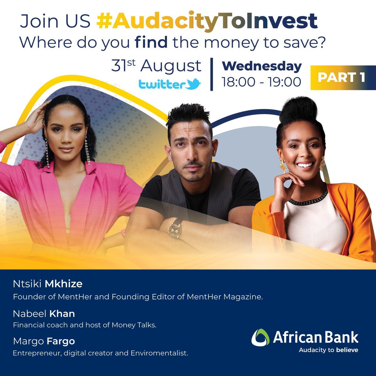 Grew up not knowing these things. 
We chatting saving and investing! 
We will be unpacking exactly the right way to budget to start your investment journey. 
 #AudacityToInvest live on x.com/i/spaces/1OwxW…
Wednesday  18:00- 19:00.
 #AfricanBank 
 #PlayYourPart
 #moneytalks