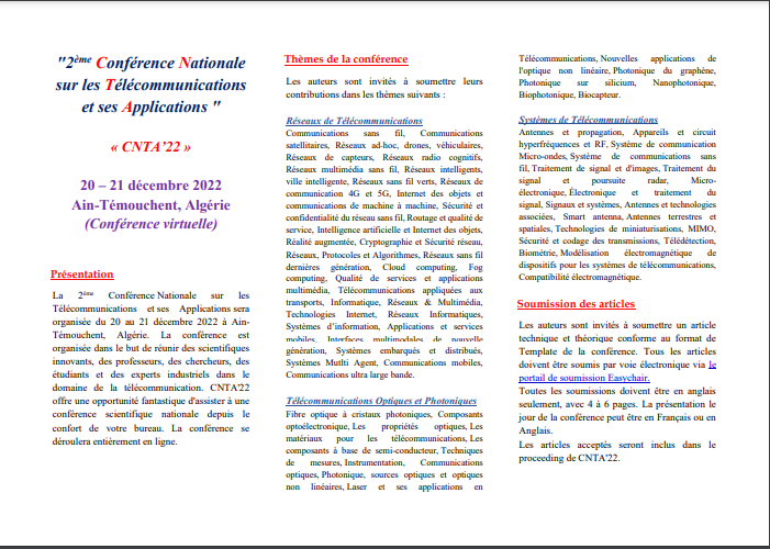AThematique's tweet photo. 2ème Conférence Nationale sur les Télécommunications et ses Applications  "CNTA22" https://t.co/n7PZeQpAlR