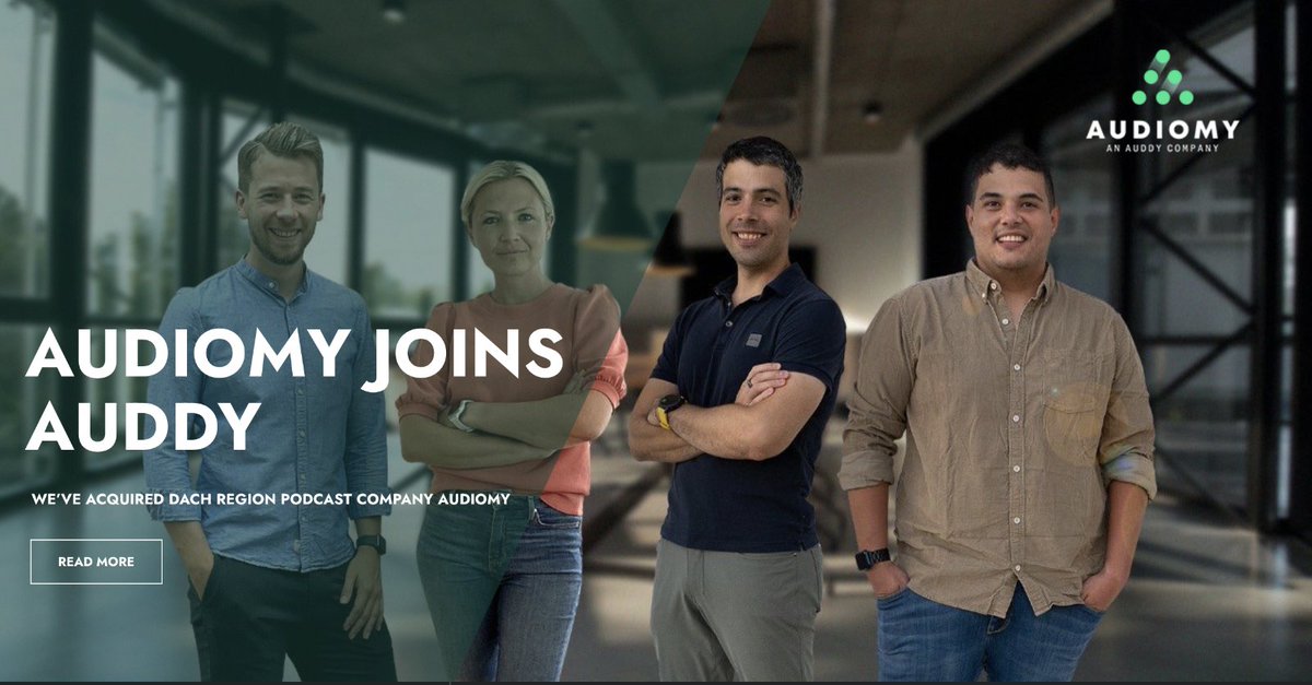 AuddyShows's tweet photo. Say hello to the newest addition to the Auddy family @audiomycom 👋

We can't tell you how excited we are to announce our acquisition of this incredible team.

Audiomy are the go-to company for connecting podcasters and advertisers 🤝

Find out more here: https://t.co/bMhUpHGZIi https://t.co/KMrVACUffT