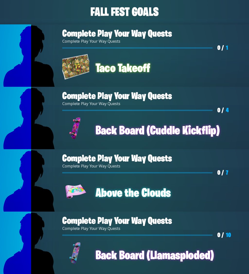 The Fall Fest Event will go live in 2 hours and last until the 6th!

As a reminder these are creative challenges for:

- A free Loading Screen
- A free Wrap
- Two Free Back Board variants
