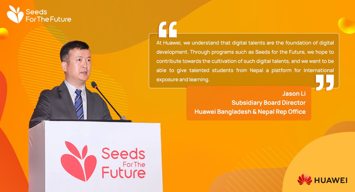 Huawei_Nepal's tweet photo. Mr. Jason Li, Subsidiary Board Director of Huawei Bangladesh &amp; Nepal Rep Office speaks about the Huawei Seeds for the Future program and how valuable it is to give young, talented students of the country an opportunity to learn, grow and get international exposure.

#HuaweiNepal https://t.co/pC2yY2qkNl