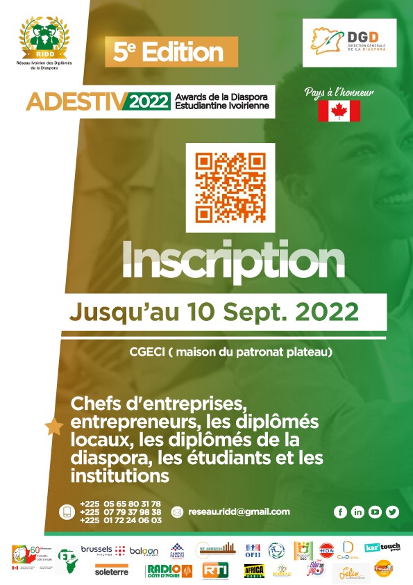 Awards de la Diaspora Estudiantine Ivoirienne (ADESTIV) 2022 🥳
Participez à la 5e édition des Awards de la Diaspora Estudiantine Ivoirienne (ADESTIV) les 
16 et 17 Septembre 2022 en vous inscrivant sur ce lien : bit.ly/3KwHo6v 
#ADESTIV #Diaspora #campusfrance
#RIDD