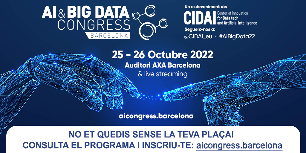 i2CAT's tweet photo. 🧐 Empresa vinculada a l'àmbit de la #IA? 
➡️  No et pots perdre #AIBigData22 de @CIDAI_eu, punt de trobada entre professionals, proveïdors i empreses que volen o estan realitzant projectes en l’àmbit #IA i #BigData
📢 Consulta el programa! ➡️https://t.co/gfRXgJoriL
🗓️ 25 i 26/10 https://t.co/9vGMaajPVa