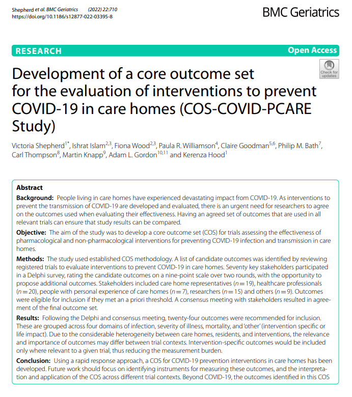 New paper reporting the development of a core outcome set for the evaluation of interventions to prevent COVID-19 in care homes (COS-COVID-PCARE Study) now published - many thanks to all those who contributed <a href="/CTRCardiffUni/">CTRCardiffUni</a> @kerryhood <a href="/DPMRes/">DPM</a> <a href="/ishratdeepa/">Ishrat Islam</a> <a href="/COMETinitiative/">COMET</a>