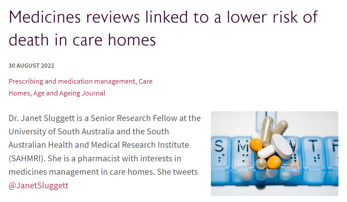 British Geriatrics Society (@gerisoc) on Twitter photo "Getting a #medicinesreview in the 6-12 months after entering a care home was linked with a 4.4% lower risk of death over 12 months. For residents exposed to polypharmacy risk of death was 6.6% lower."
Read the BGS blog via <a href="/JanetSluggett/">Janet Sluggett</a> <a href="/Age_and_Ageing/">Age_and_Ageing</a> bgs.org.uk/blog/medicines… "Getting a #medicinesreview in the 6-12 months after entering a care home was linked with a 4.4% lower risk of death over 12 months. For residents exposed to polypharmacy risk of death was 6.6% lower."
Read the BGS blog via <a href="/JanetSluggett/">Janet Sluggett</a> <a href="/Age_and_Ageing/">Age_and_Ageing</a> bgs.org.uk/blog/medicines…