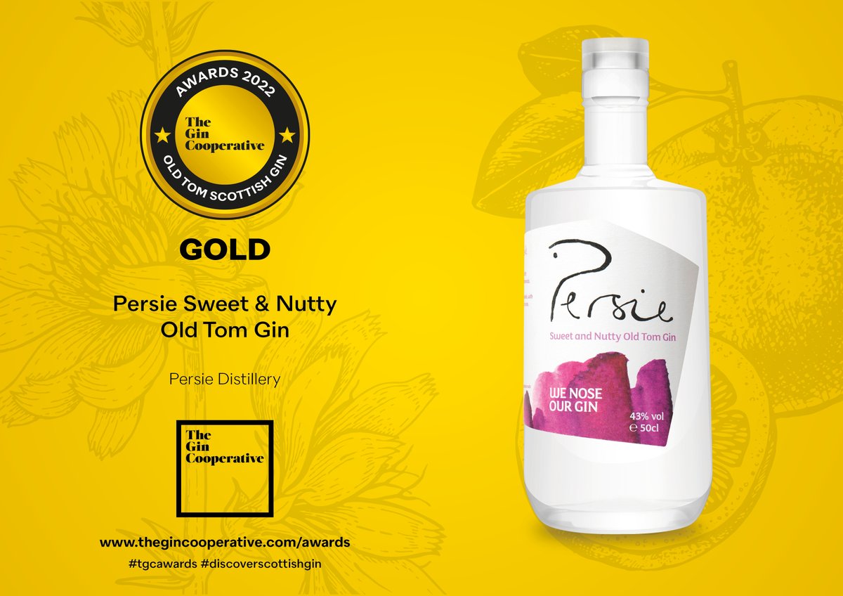Old Tom #ScottishGin Award 2022

GOLD - Persie Sweet &amp; Nutty Old Tom Gin (Persie Distillery)

Learn more - thegincooperative.com/gin-maker/pers…

#TGCAwards #DiscoverScottishGin #ScottishGin

<a href="/PersieGin/">Snifter</a>
