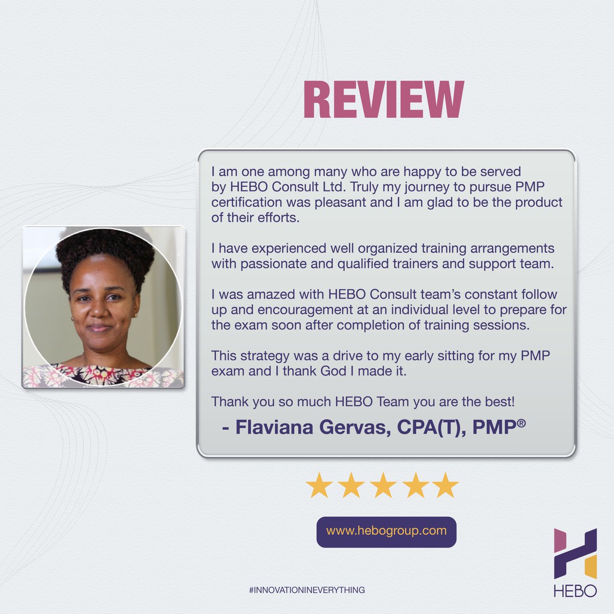 #TuesdayTestimony Thank you #Flaviana for your lovely feedback. We are happy to see you succeed and we are proud and grateful to be part of your success story #PMP club #ProjectManagementProfessionals #EastAfrica #PMI #HEBO