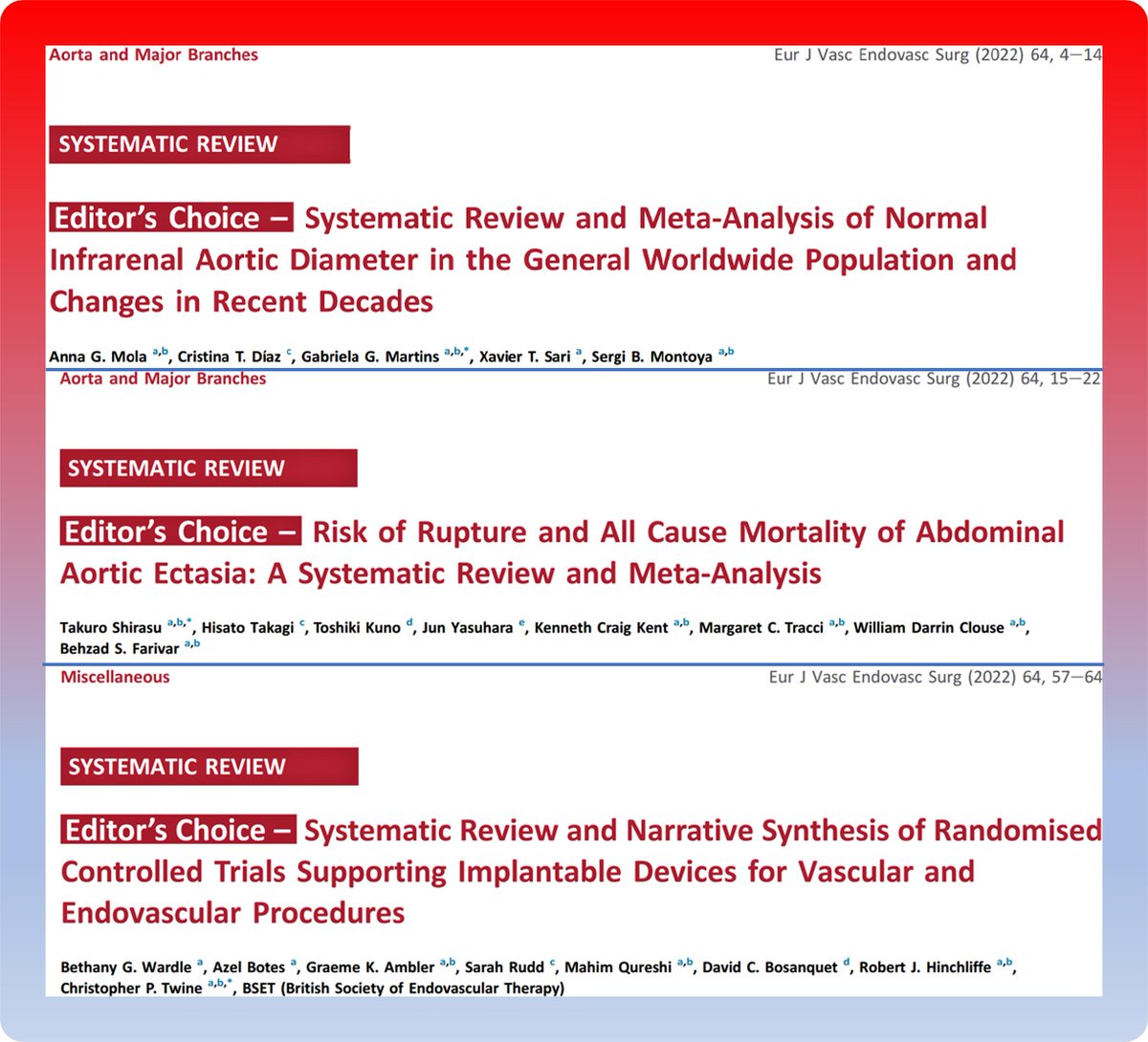 EJVES_ESVS's tweet photo. #EJVESEditorsChoice (Jul 22) #openaccess 
1. SRMA of normal AA diameter, growth trends and implications
2.#Aortaed ectasia: risk of rupture and mortality
3.Implantable devices-practice too unsystematic? https://t.co/BZuc3ZcoHZ