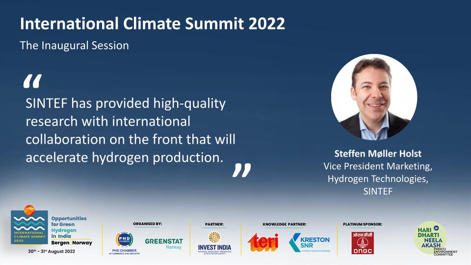 Mr <a href="/SteffenMHolst/">Steffen Møller-Holst</a>, Vice President Marketing, Hydrogen Technologies, @SINTEFis sharing his insights in the Inaugural Session at the International Climate Summit 2022

#GreenPlanet #ClimateChange #SaveOurPlanet #NoPlanetTwo #India #Norway #Summit