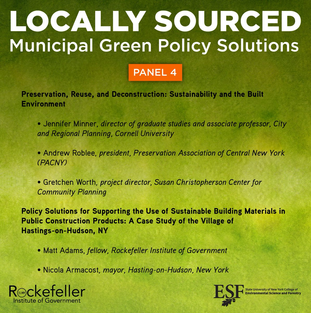 Panel 4 of our "Locally Sourced: Municipal Green Policy Solutions" conference will highlight sustainability in the built environment.

Learn more about the panelists: https://t.co/Pd1GA1O0L8

Registration closes tomorrow (8/31)!

@CornellAAP @Concretius @HOHGOV https://t.co/AGLDldE10d