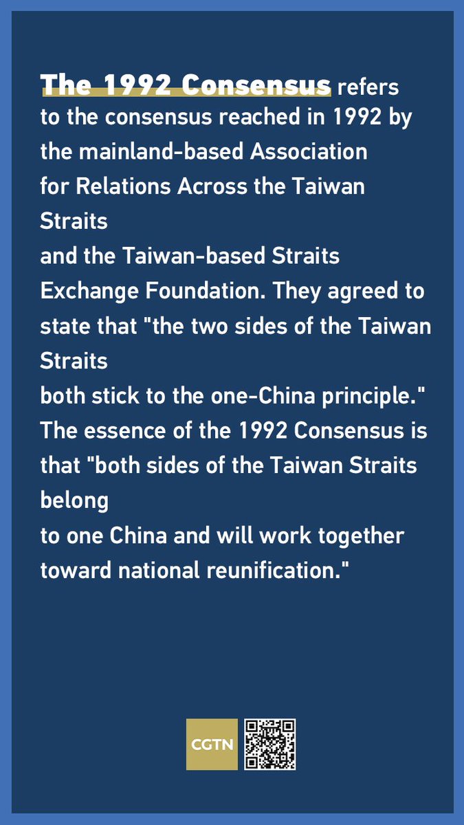 CGTNOfficial's tweet photo. This year marks the 30th #anniversary of the 1992 Consensus, which laid the political foundation for cross-strait relations. Breakthroughs have been made in cross-strait relations over the past three decades in adhering to the 1992 Consensus. #Taiwan https://t.co/VKzSo6pYJ0