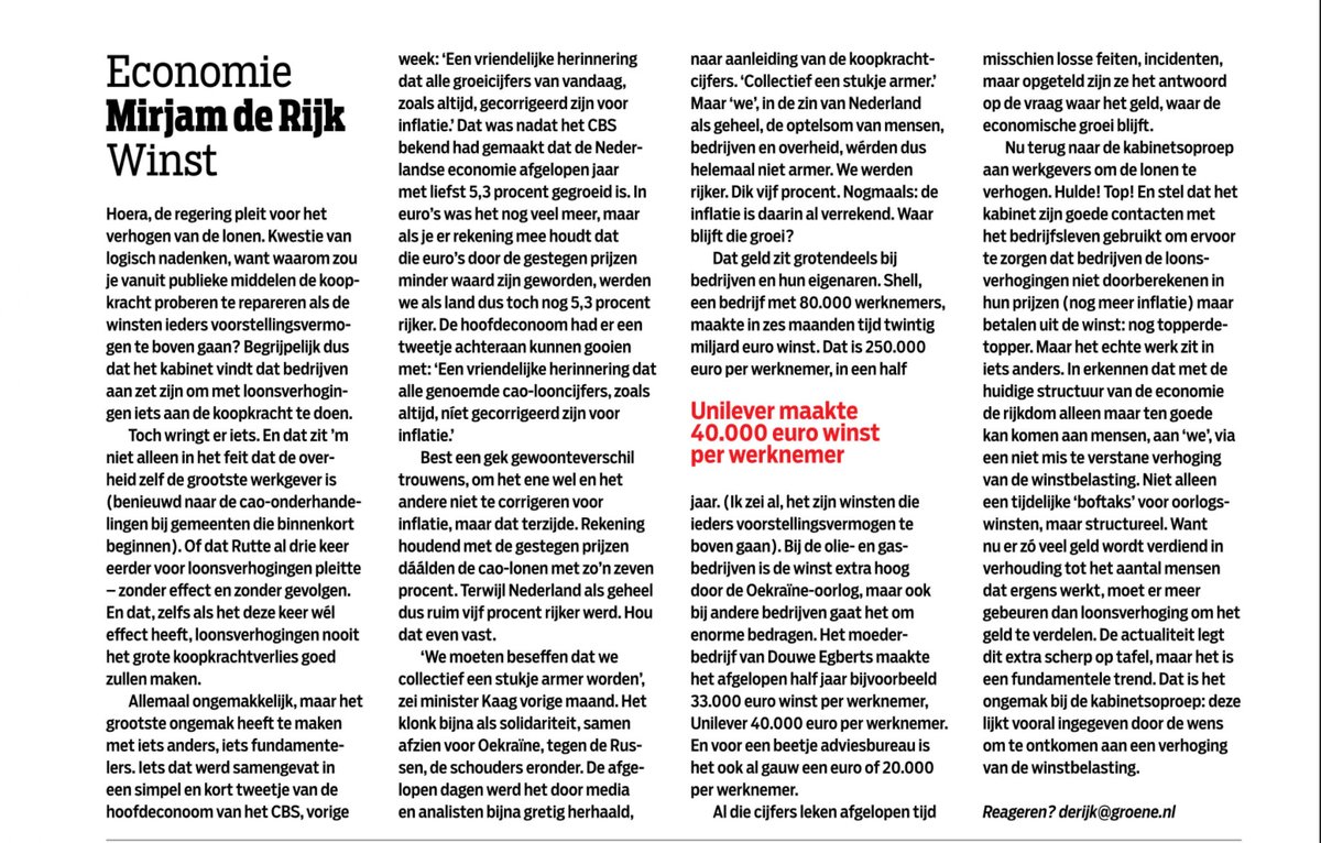 Mirjam_de_Rijk's tweet image. ‘Allemaal een beetje armer’? Nee, niet allemaal. De economie groeit als kool, ook als je rekening houdt met inflatie. Waar blijft dat geld?
Column, op veler verzoek een keer in pdf ;-). ⁦@DeGroene⁩