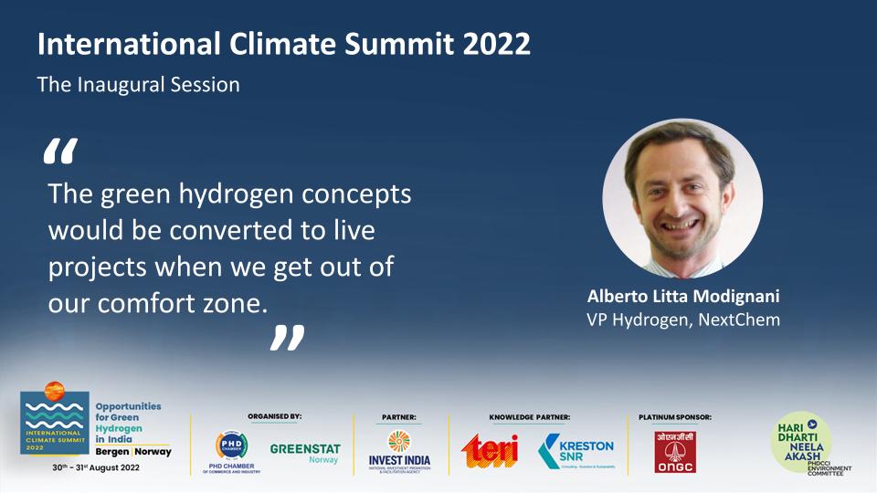 Mr Alberto Litta Modignani, VP Hydrogen, <a href="/NextChem_MT/">NEXTCHEM</a> is sharing his insights in the Inaugural Session at the International Climate Summit 2022

#GreenPlanet #ClimateChange #SaveOurPlanet #NoPlanetTwo #India #Norway #Summit