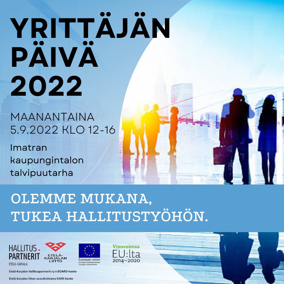 Etelä-Karjalan Hallituspartnerit on mukana Imatralla Yrittäjän päivä 2022 tilaisuudessa.
Tervetuloa juttelemaan!
Lue lisää maksuttomista webinaareistamme ja palveluistamme: 
etela-karjala.hallituspartnerit.fi/tapahtumat/ 
#ekhp #board2022 #kehittyvähallitus #hallitustyö #stategia #johtaminen