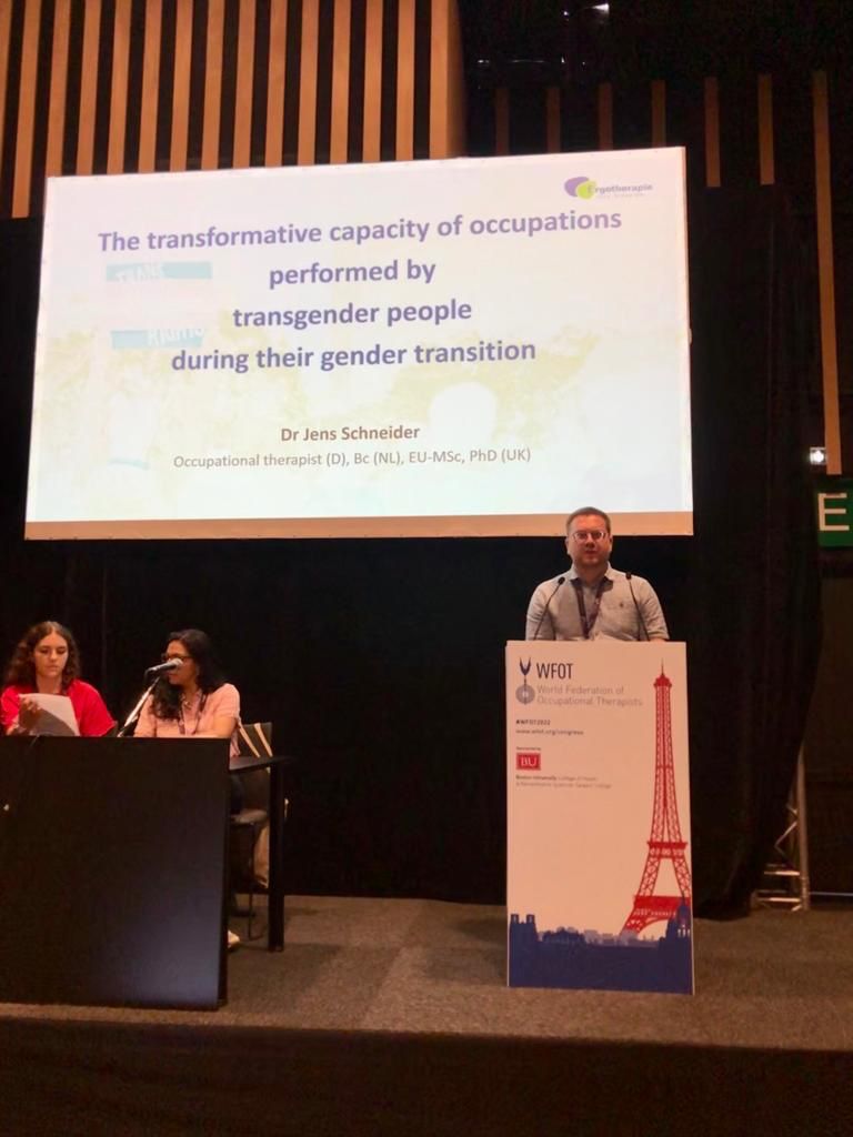 SexgenO's tweet photo. Dr Jens Schneider one of the coordinators of SexGen-OTOS and SexGen-OTOS-German presented an excerpt of his PhD thesis at the WFOT Congress 2022 in Paris.

#wfot2022 #lgbt #genderandsexuality #occupationaltherapy #occupationalscience https://t.co/6h2AArM7Pa