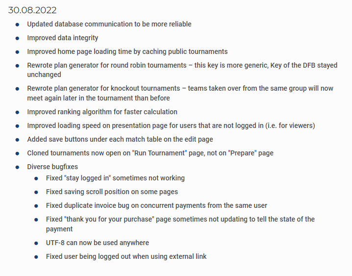 We just finished our maintenance work and have a lot of improvements and bugfixes, including a new generator for knockout tournaments, making sure teams taken over from the same group will meet later in the tournament than before.