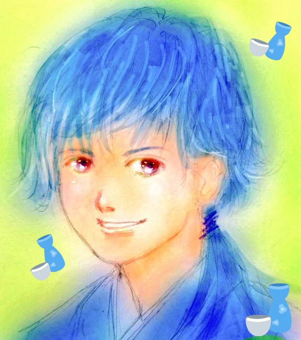 助さんの前に描いてた線画を指塗り着物男子を描きたかったのかも…#オリジナルイラスト #イラスト #創作 