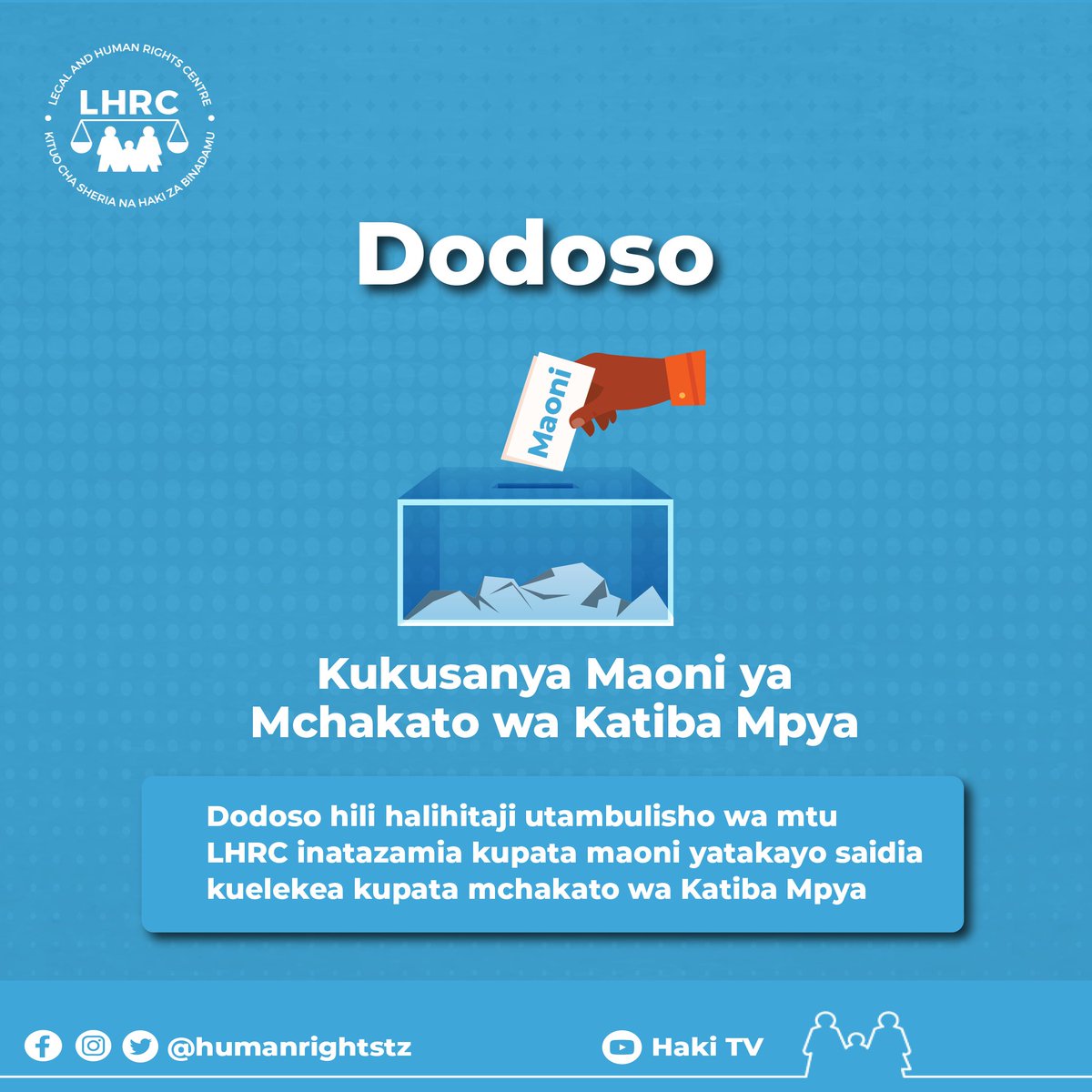 humanrightstz's tweet photo. Kituo cha Sheria na Haki za Binadamu #LHRC kimeandaa #dodoso hili ili kujua uelewa wa #wananchi na #mtazamo wao kuhusu mchakato wa kupata #KatibaMpya. Tunatazamia kupata maoni  yatayosaidia kuboresha kuelekea mchakato kupata katiba mpya. Bonyeza https://t.co/0xDw3F1gLA kujisajili https://t.co/rxwRG3r5Qm