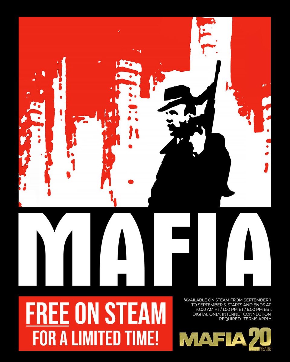 💯🎮Get the original 🚨🔧'Mafia'🔧🚨 game for FREE on Steam 📅(September 1-5)⬇️

👉store.steampowered.com/app/40990/Mafi…

From September 1st to September 5th the classic Mafia game will be free on Steam to celebrate 20 years of Mafia franchise.‼️
#Mafia #Mafia20 #MafiaGame #2K