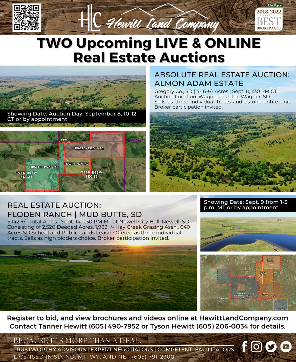 HewittLandCo's tweet photo. TWO Live &amp; Online Auctions are coming soon! If you're not yet registered to bid online, you can do so conveniently from your mobile device. Visit https://t.co/cp4ncJXGAq or contact Tanner Hewitt at 605-490-7952 with any questions.
#HewitttLandCompany #LiveandOnlineAuctions https://t.co/qnWS7THpXe