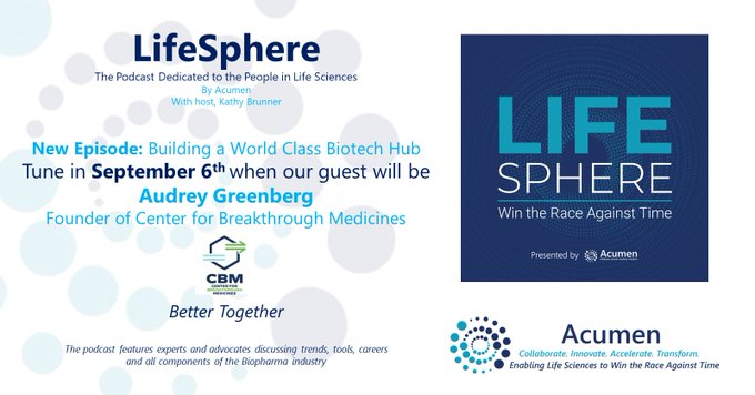 LifeSpherePod's tweet photo. Don't miss the latest episode of the @AcumenAnalytics #LifeSphere podcast today! Host @kbrunner1  talks w/ @AudreyGreenber7 from @CBM_CDMO about #Innovation #Collaboration and the latest from #Celliconvalley on episode 3!

Find out where to listen here: https://t.co/cSyj9N8LeX https://t.co/rwhROnblva