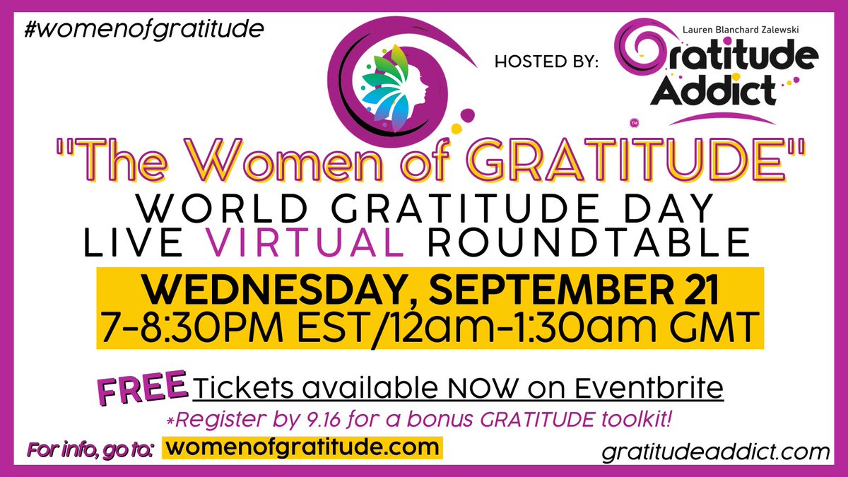 gratitudeaddict's tweet photo. What are YOU doing this #WorldGratitudeDay?  Join me for #womenofgratitude Live Virtual Roundtable on 9/21 for a FREE 90-minute forum featuring 7 of the world's leading female experts in #gratitude. Link in bio to register. #gratituderevealed #gratitudeaddict https://t.co/gOKJKZKrdt