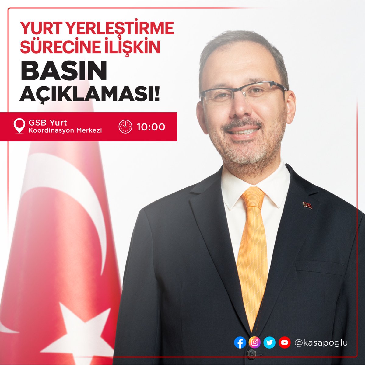 gencliksporbak's tweet photo. 📣Bakan @kasapoglu, GSB Yurtları yerleştirme sürecine ilişkin basın açıklaması yapacak.

📡#CanlıYayın 
🕙 10.00
🗓️7 Eylül Çarşamba https://t.co/C3pwfR0ZBh