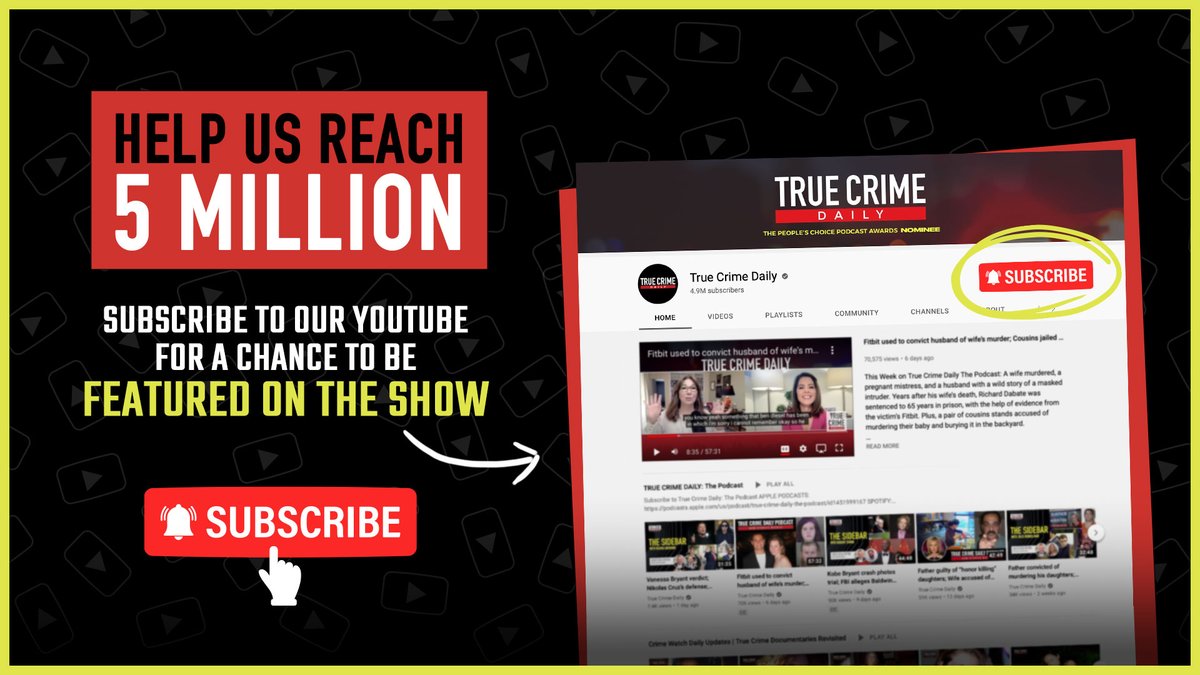 MyTrueCrimeNews's tweet photo. We are so close to 5 million subscribers! Help us reach that mark and you'll have a chance to be featured on #TCDPOD 🎉 https://t.co/BHv8flPzh1 https://t.co/EQYxsgXlOf