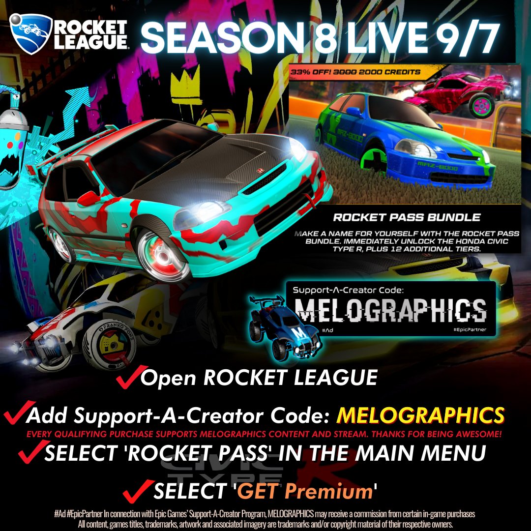 melographics1's tweet photo. 😎 SOVEREIGN HEIGHTS arrives tomorrow 9/7 with a new #RocketLeague #RocketPass including the #HondaCivic Type R! Stock up on #rl credits so you're ready to pick up your new set of wheels for #RocketLeagueSeason8
⭐️ Creator Code: MELOGRAPHICS ⭐️in the #RLshop #EpicPartner https://t.co/W4DP6dZcOB