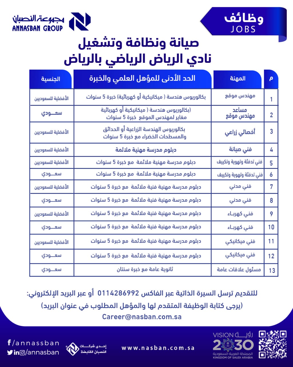 تعلن #مجموعة_النصبان عن توفر وظائف شاغرة لمشروع نادي الرياض الرياضي

- وظائف إدارية 
- وظائف فنية و هندسية 
- وظائف حرفية
- أخرى 

 أرسل السيرة الذاتية من خلال البريد : Career@nasban.com.sa   
ولمزيد من المعلومات التواصل على :📞920005295 

