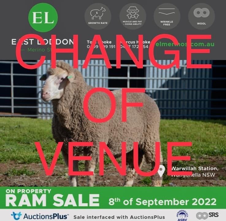 East Loddon ram sale now to be held at Booroorban Hall. Just off Cobb hwy, 48km south of Hay, 75km north of Deniliquin.