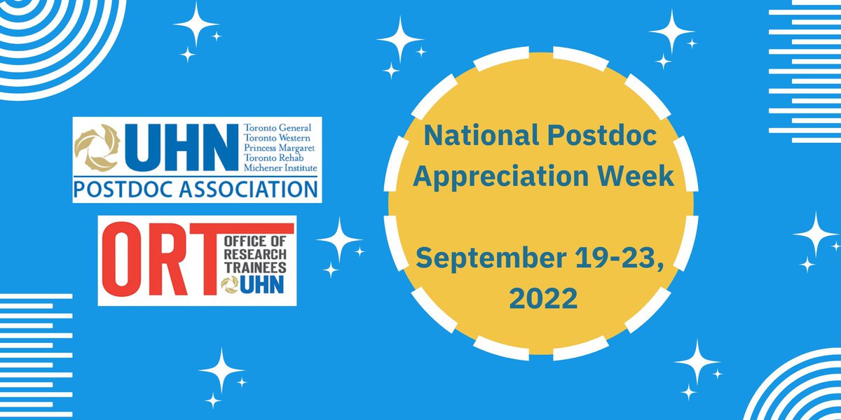 UHN Postdoc Association (UHNPA) (@uhnpostdocs) on Twitter photo 📢Attention!
The 2022 #NationalPostdocAppreciationWeek is coming in 2 weeks!🥳🥳
We and ORT are hosting a series of very exciting events for all UHN Postdocs! Networking, benefits, wellness, careers, social, fun & prizes! Find more info and register here: …stdoc-appreciation-week.eventbrite.ca/?aff=UHNPA 📢Attention!
The 2022 #NationalPostdocAppreciationWeek is coming in 2 weeks!🥳🥳
We and ORT are hosting a series of very exciting events for all UHN Postdocs! Networking, benefits, wellness, careers, social, fun & prizes! Find more info and register here: …stdoc-appreciation-week.eventbrite.ca/?aff=UHNPA