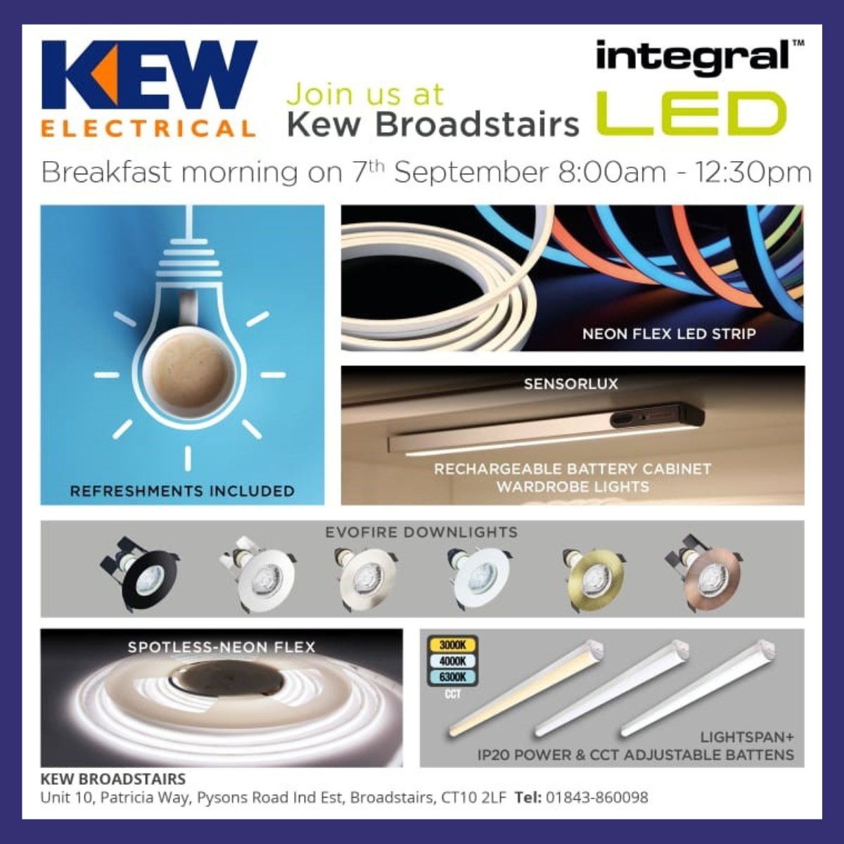kewelectrical's tweet image. 📅 Tomorrow (7 Sept) at KEW Thanet branch - meet @integralLED, onsite at the branch. 

📅 Thurs, 8 Sept - for #electrcians in the #Shaftesbury area, you can meet @ansell_lighting, onsite + enjoy some brekkie!

#KEWelec #electricalwholesaler #lighting #electricalcontractor #Dorset
