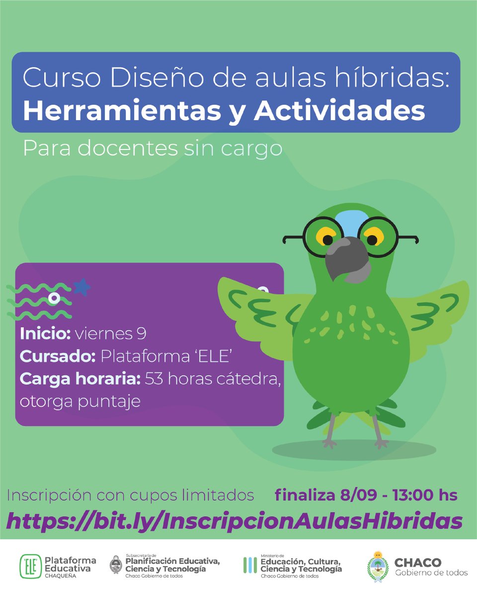 ¡Atención docentes sin cargo!
Comienza la inscripción al Curso Diseño de aulas híbridas: herramientas y actividades

Inscripción con cupos limitados (finaliza 8/9 - 13:00)
bit.ly/InscripcionAul…

Inicio: viernes 9 
Cursado: Plataforma ‘ELE’ 
Curso con cupos limitados