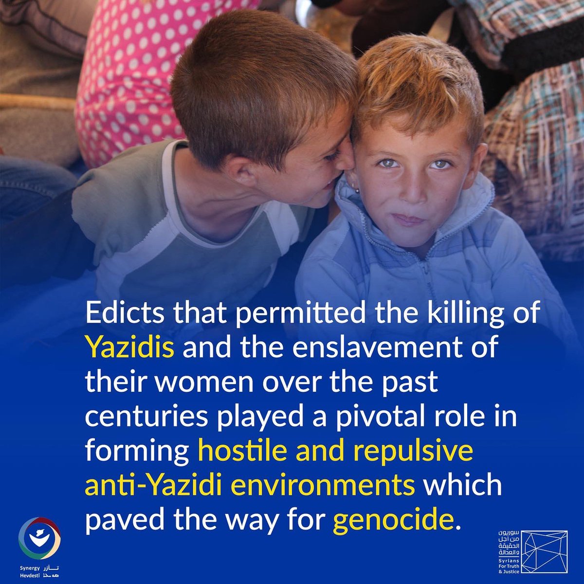 HevdestiSynergy's tweet photo. The #report primarily builds on 32 interviews, carried out with #Yazidi #victims who are in #Syria and/or have #immigrated aboard. Among the #interviewees are 14 #women.
https://t.co/MwmW9fWOan
#HevdestiSynergy #رابطة_تآزر
#Syria #NES #Iraq https://t.co/DXg3DR0MeV