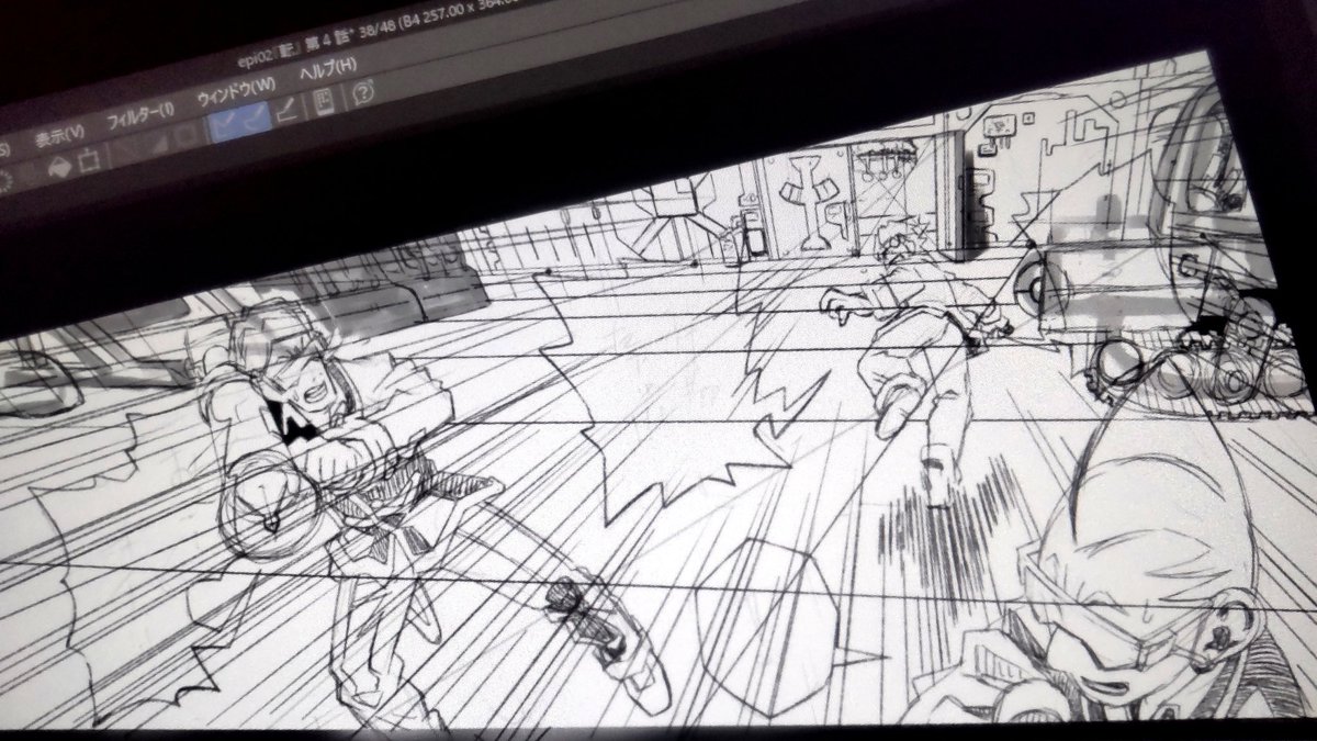 下描きでグレーを使い始めました。
色で画面のイメージをしやすくなるから、鉛筆線だけで描いていた時よりキメやすくなる。
これもデジタルならでは。どんどんデジタル脳に変革していかねば!