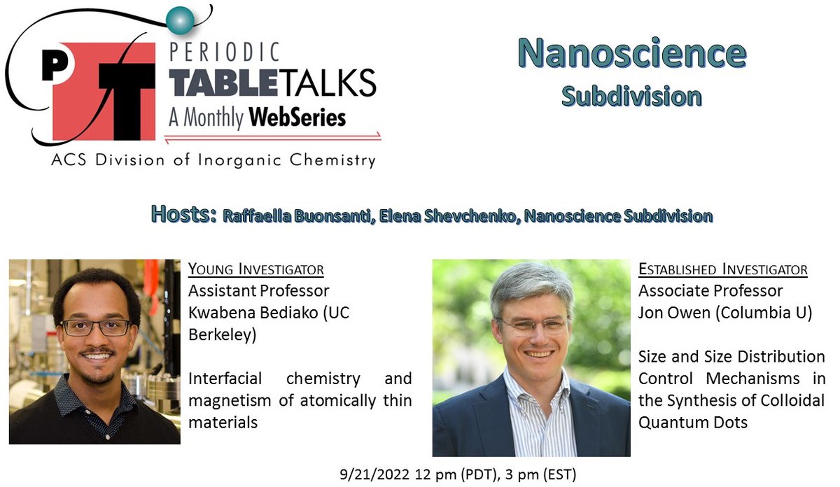 ACSINORDivision (@acsinordivision) on Twitter photo Nano is next! Prof Jon Owen <a href="/ChemColumbia/">Columbia Chemistry</a> and
Prof Kwabena Bediako <a href="/DKBediako/">Kwabena Bediako</a> <a href="/UCB_Chemistry/">College of Chemistry</a>
This 9/21/2022 12 pm (PDT), 3 pm (EST)
Register here unr.zoom.us/meeting/regist… Nano is next! Prof Jon Owen <a href="/ChemColumbia/">Columbia Chemistry</a> and
Prof Kwabena Bediako <a href="/DKBediako/">Kwabena Bediako</a> <a href="/UCB_Chemistry/">College of Chemistry</a>
This 9/21/2022 12 pm (PDT), 3 pm (EST)
Register here unr.zoom.us/meeting/regist…