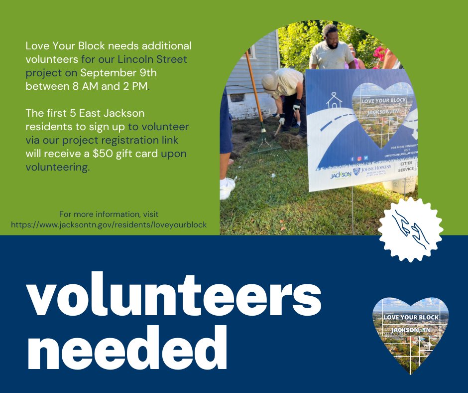 We need additional volunteers for our Lincoln St. project this Friday, September 9, from 8-2.
The first 5 East Jackson residents to sign up to volunteer via our project registration link below will receive a $50 gift card upon volunteering. forms.gle/Ak6Lg7RVe58xSQ…
