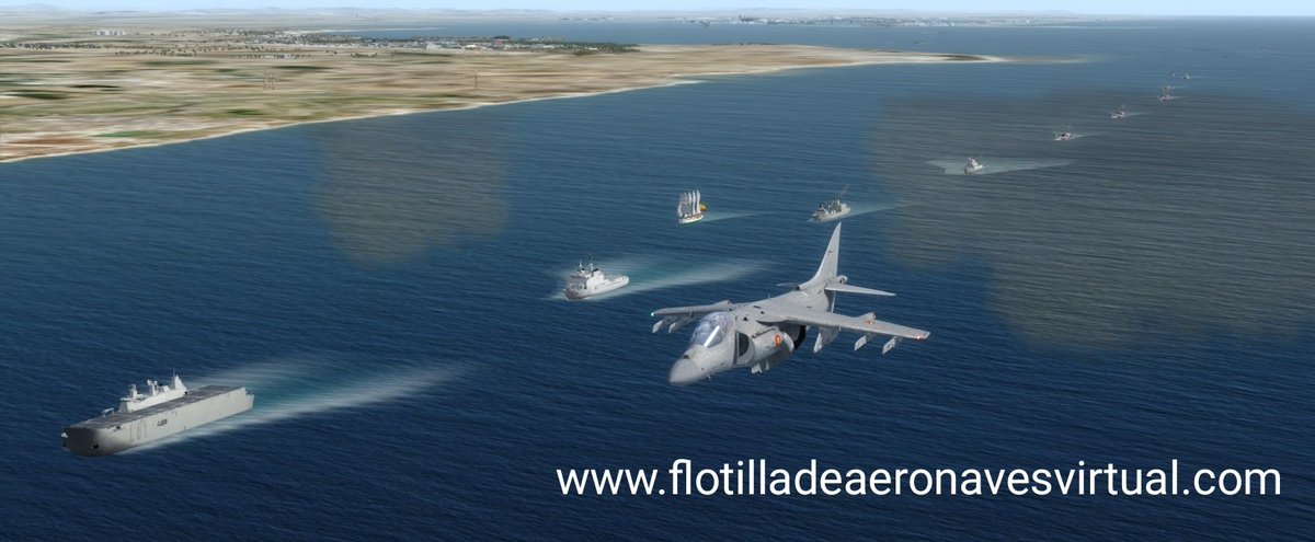 FLOANVirtual's tweet photo. #RevistaNaval ⚓ #AV8BHarrier II+ de la #NovenaEscuadrilla de nuestra @FLOANVirtual 🚁✈️⚓🇪🇸 sobrevolando los buques de @Armada_esp que se siguen al #JSdeElcano, para pasar revista en la desembocadura del #RioGuadalquivir, con motivo del V Centenario de la Primera Vuelta al Mundo https://t.co/DPB3c6A4Ym