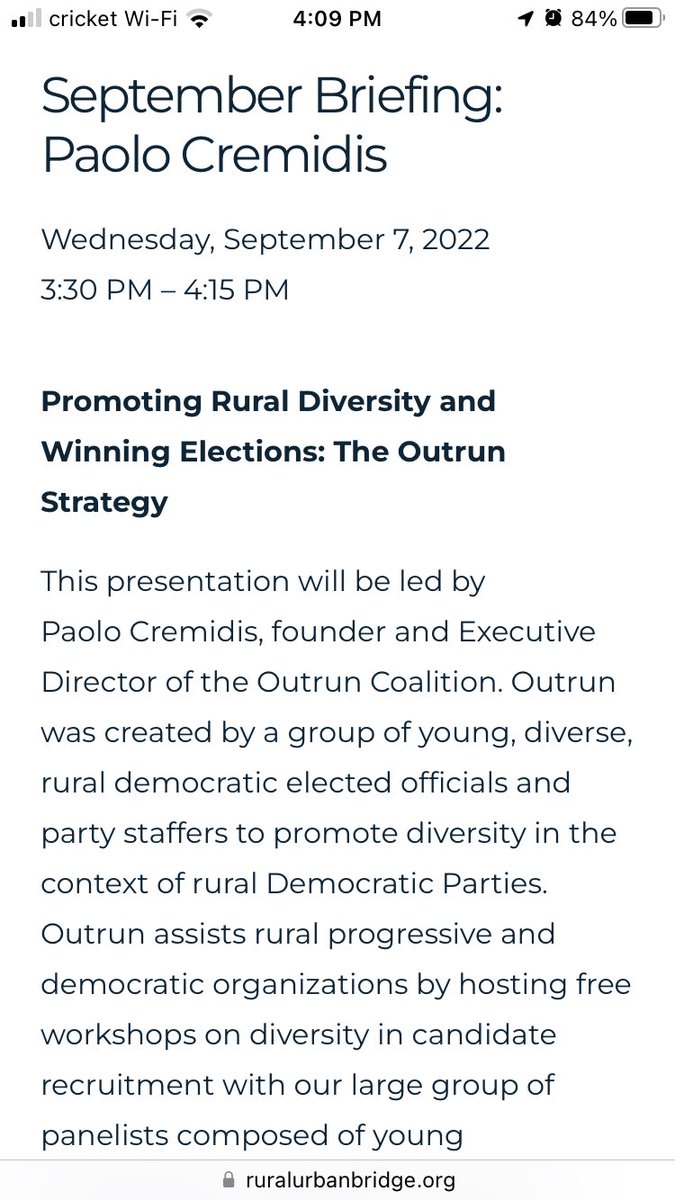 Tomorrow at 3:30 our board members @paoloredtoblue, @benjaminchase92, @ericball_nysd51, and Giancarlo Llaverias will be presenting for the Rural Urban Bridge Initiative about outrun and our work across rural America.