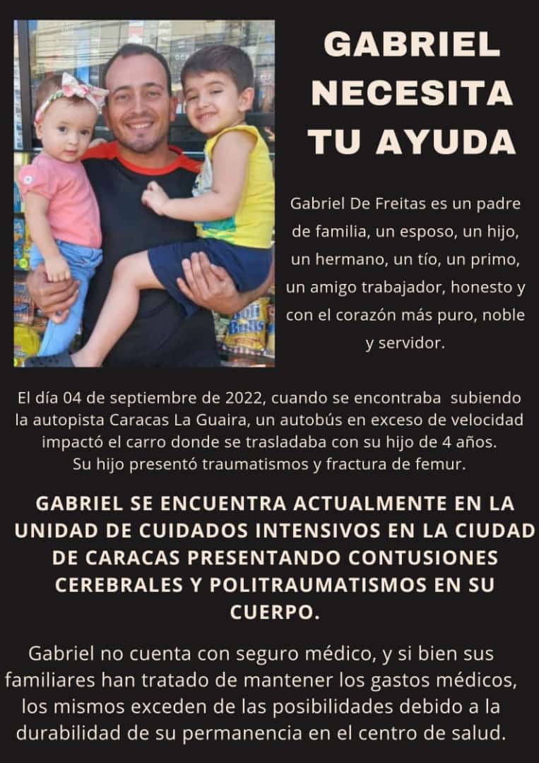 ElPitazoTV's tweet photo. #ServicioPúblico | #Vargas Familiares de Gabriel de Freitas han iniciado una campaña de recolección de fondos para cubrir los gastos de Terapia Intensiva que requiere, tras haber sido víctima de un accidente en la autopista Caracas - La Guaira. Toda la información en los flayers https://t.co/afZt6DSOCD