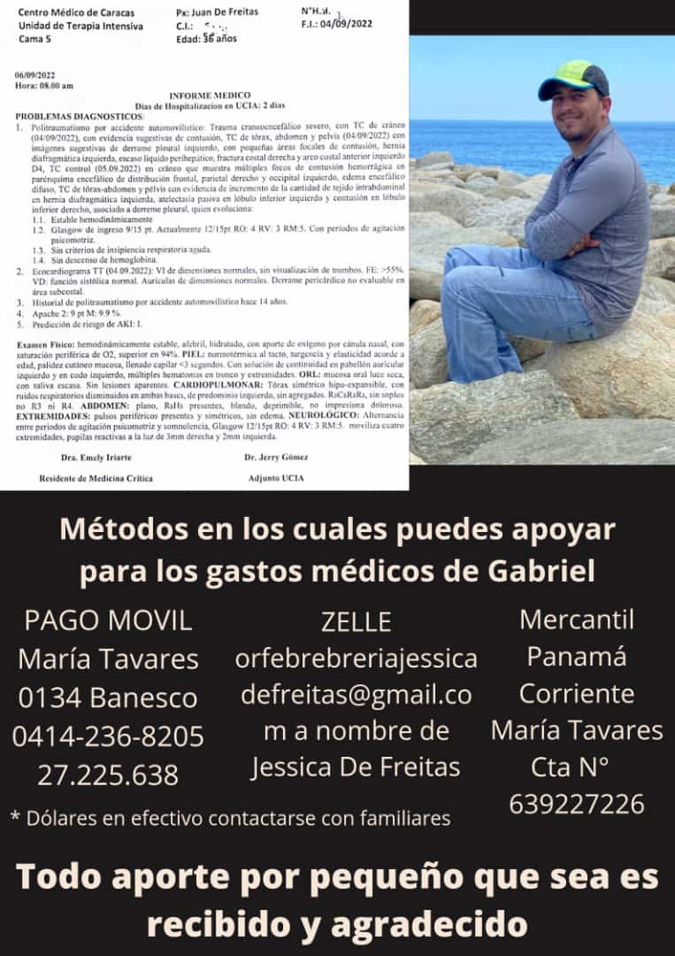 ElPitazoTV's tweet photo. #ServicioPúblico | #Vargas Familiares de Gabriel de Freitas han iniciado una campaña de recolección de fondos para cubrir los gastos de Terapia Intensiva que requiere, tras haber sido víctima de un accidente en la autopista Caracas - La Guaira. Toda la información en los flayers https://t.co/afZt6DSOCD