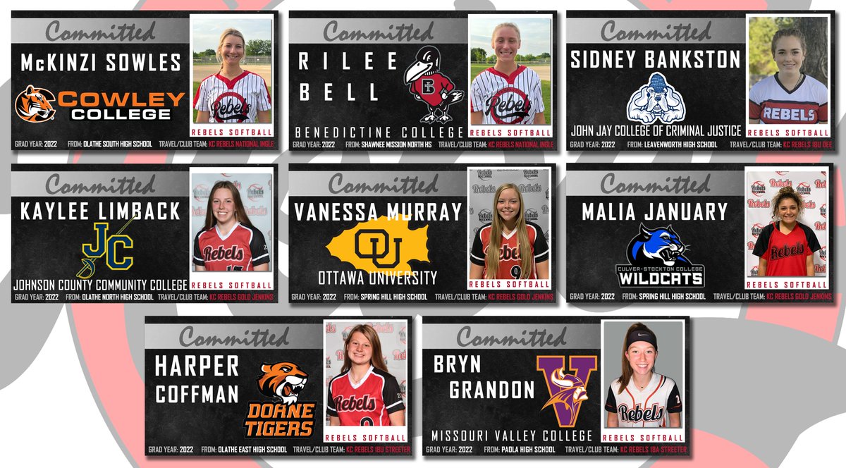 KC Rebels Softball is wishing our 2022 class good luck this next!!!!!  You got this ladies!!  <a href="/MckinziSowles/">McKinzi Sowles</a> <a href="/BellRilee/">Rilee Bell</a> <a href="/KayleeLimback/">Kaylee Limback</a> <a href="/maliajanuary_/">malia january</a> <a href="/harpercoffman/">Harper Coffman</a>, Vanessa, Sidney, and Bryn.