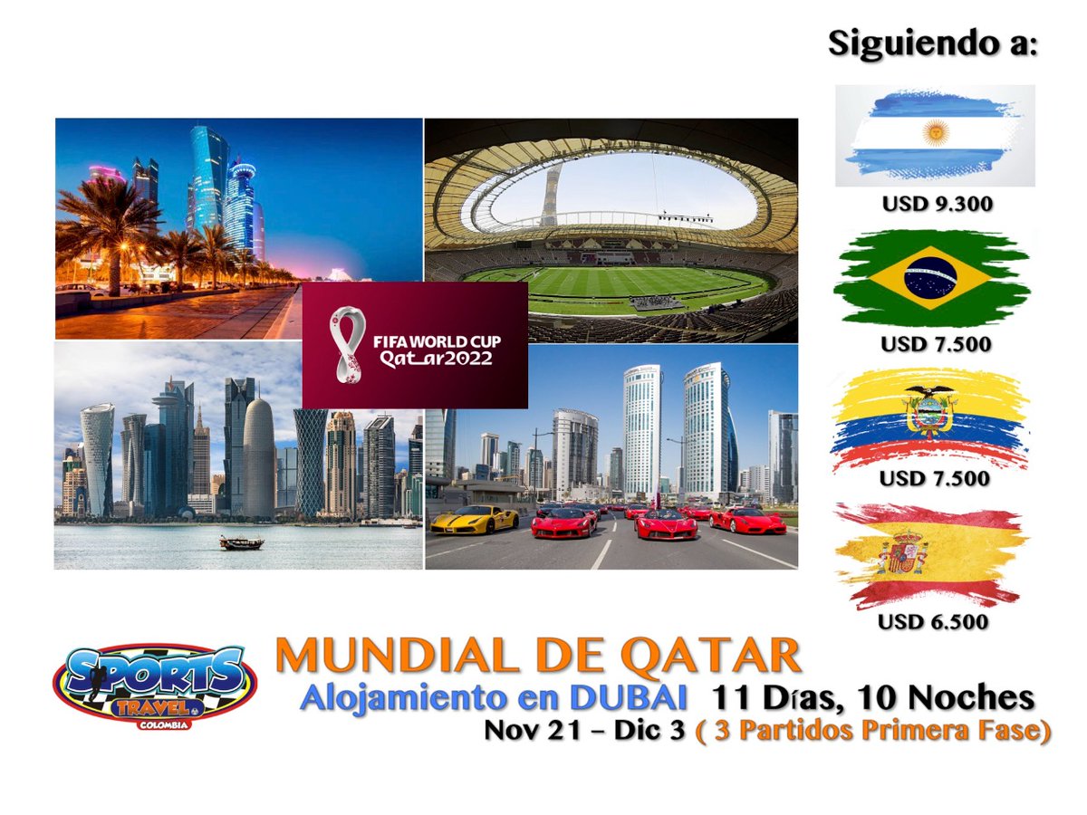 SportsTravelCol's tweet image. Última actualización de los precios de Qatar 2022. 

🏨 Alojamiento en Dubai! 😃
Incluye además: City Tour y Safari en el desierto con Cena! 

Informes: info@stc.net.co
Wapp: 310 8443395